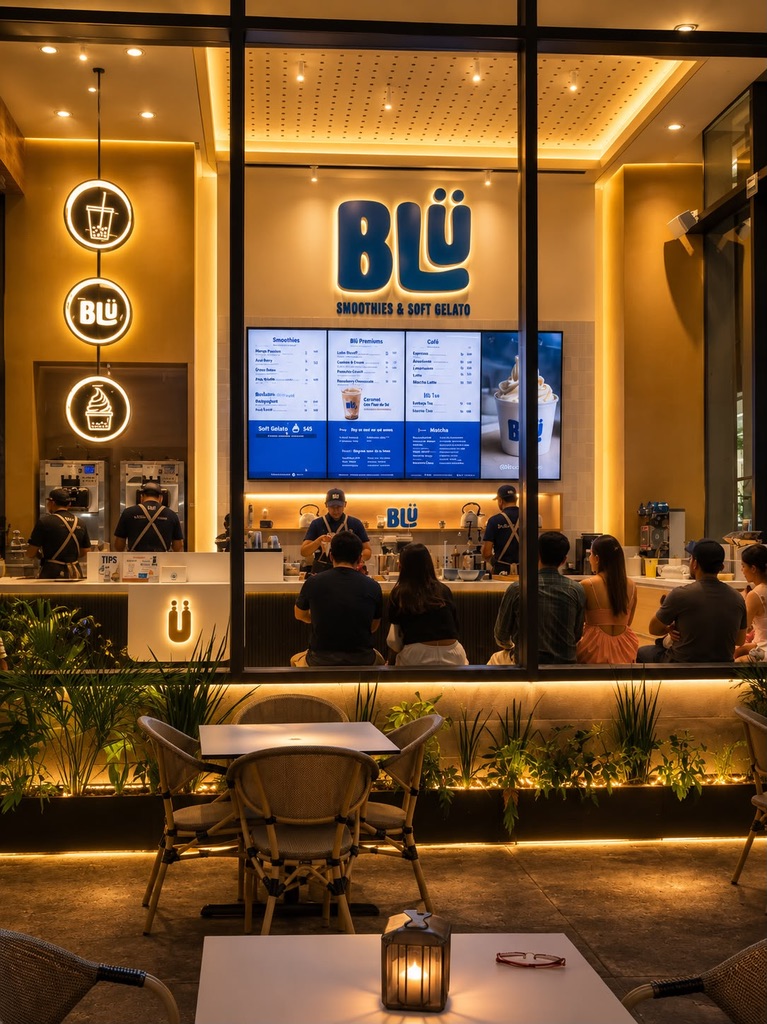 Fachada de BLÜ de noche con clientes en la barra