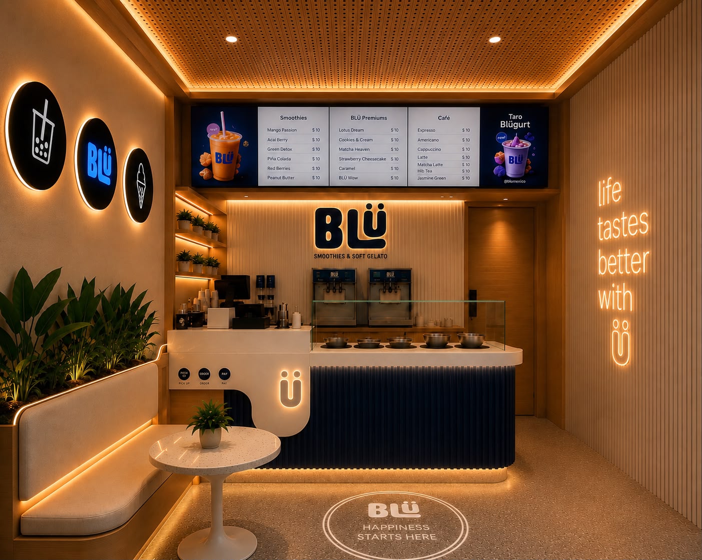 Interior de BLÜ con barra iluminada y neón que dice life tastes better with Ü